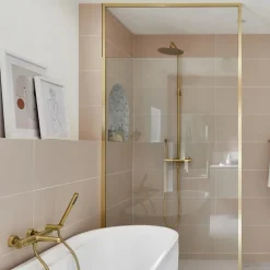 Paroi De Douche|Essebagno Paroi de douche 120x200 cm verre anticalcaire 6mm avec barre de fixation et cadre complet en aluminium Or Brossé Square