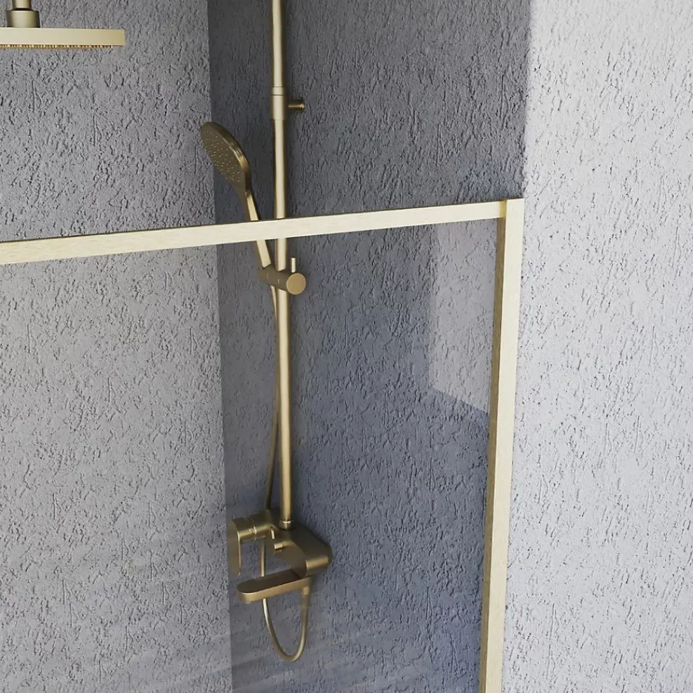 Paroi De Douche|Essebagno Paroi de douche 120x200 cm verre anticalcaire 6mm avec barre de fixation et cadre complet en aluminium Or Brossé Square
