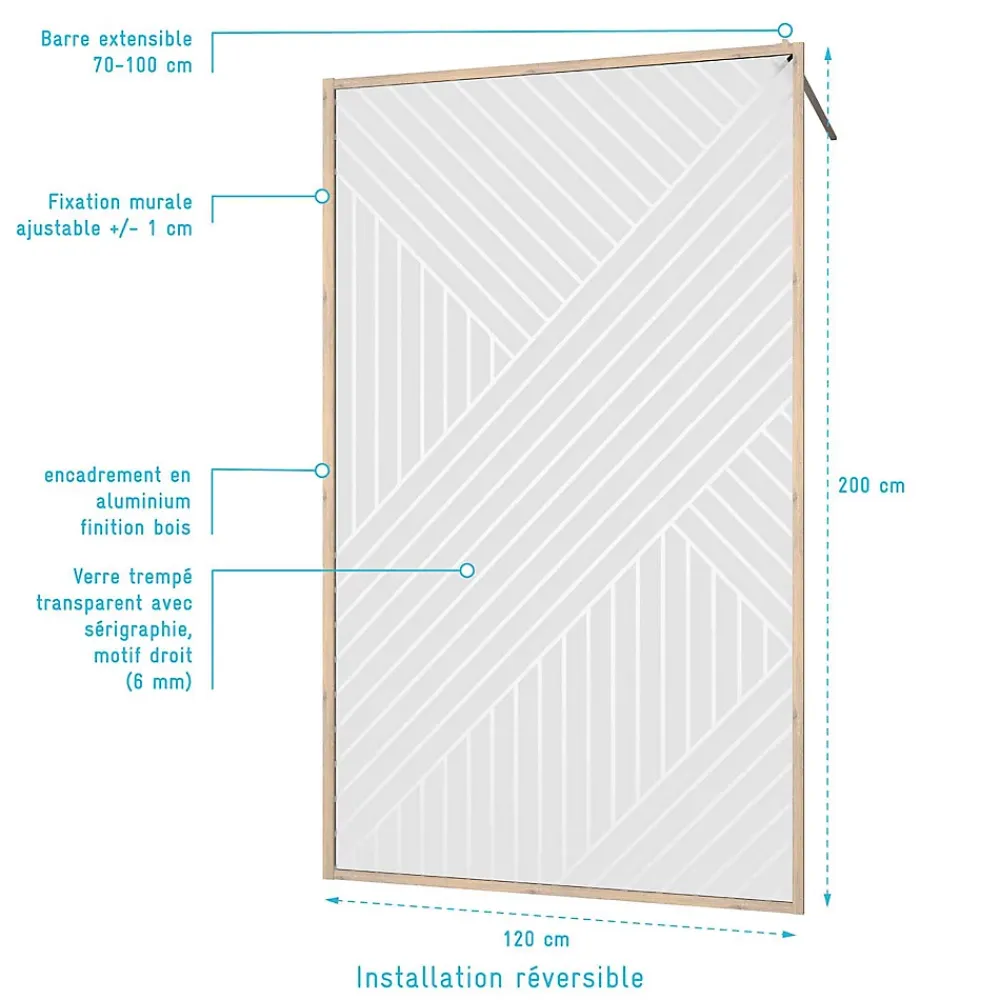 Aurlane Paroi de douche 120x200 HINATA - Style Japandi Geometrique - Cadre Effet Bois - Verre 6mm