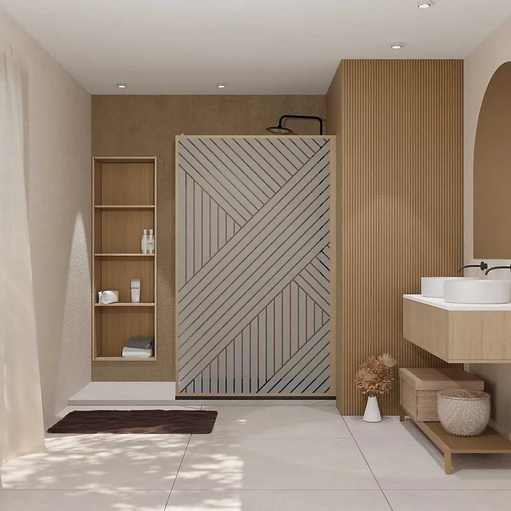 Aurlane Paroi de douche 120x200 HINATA - Style Japandi Geometrique - Cadre Effet Bois - Verre 6mm