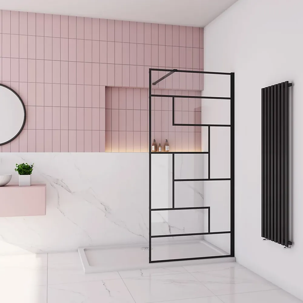 Paroi de douche 90x200cm avec barre de fixation carrée 140cm,8mm verre anticalcaire,style atelier - Noir mat