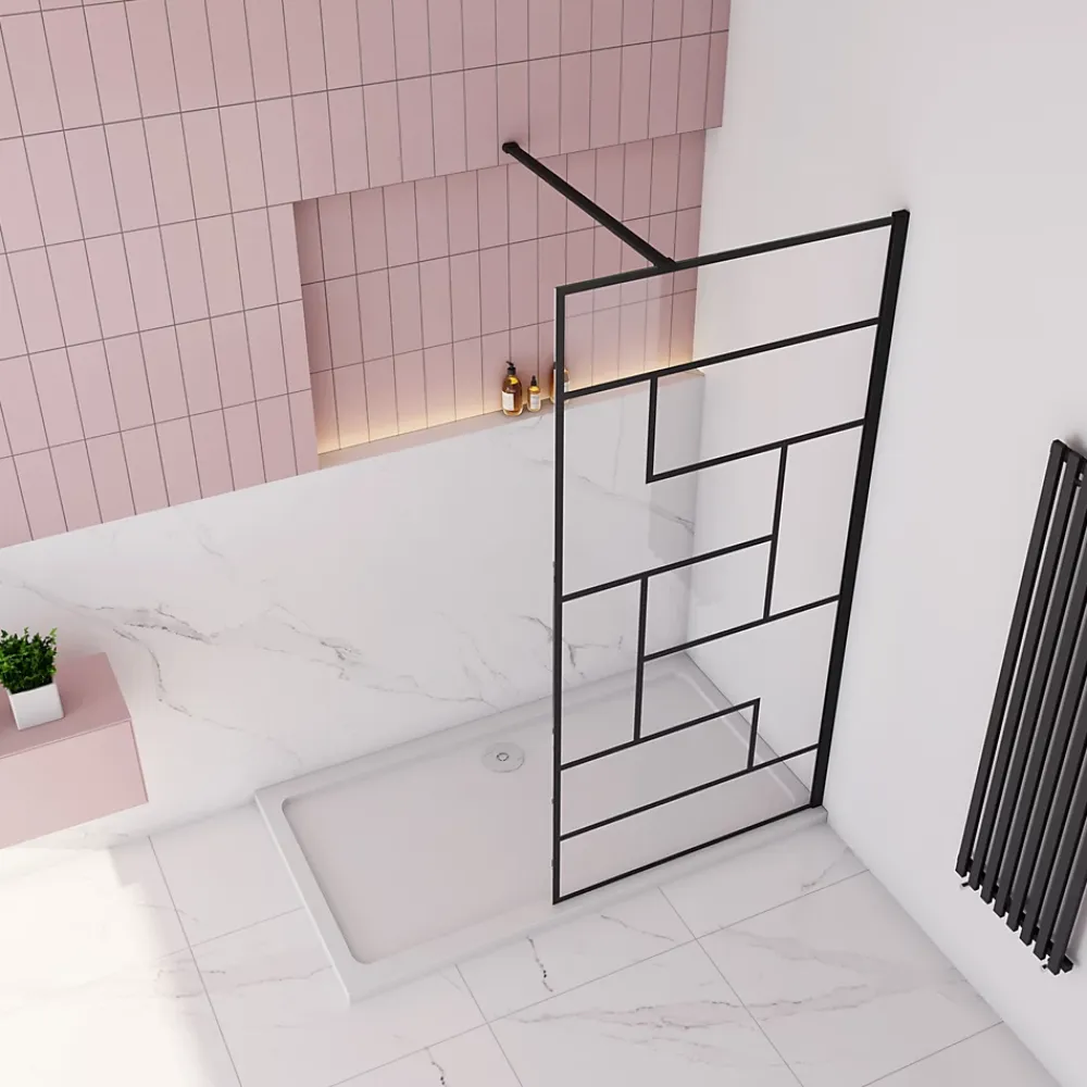 Paroi de douche 90x200cm avec barre de fixation carrée 140cm,8mm verre anticalcaire,style atelier - Noir mat