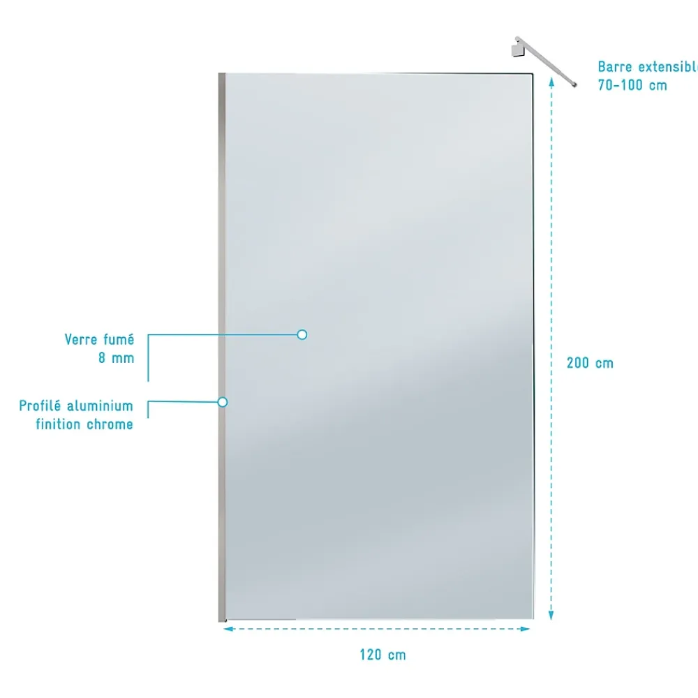 Paroi De Douche|Aurlane Paroi de Douche 120x200cm Verre Fumé 8mm - Barre de Fixation Extensible et Profil Chrome