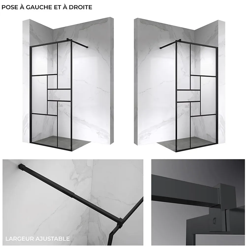 Paroi De Douche| Paroi douche Italienne INEA noir 100 x 200 cm verre sérigraphié 8mm, atelier, transparent - Saniverre