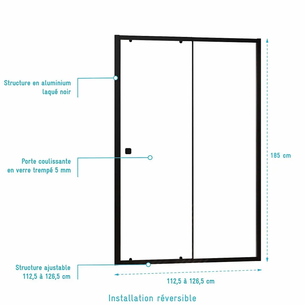 Porte De Douche|Aurlane Paroi porte de douche Coulissante Noir 120x185cm - Extensible de 112.5 à 126.5 cm - BLACK SLIDE 120