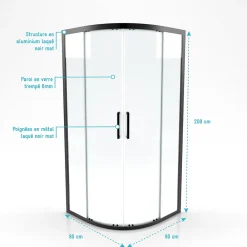 Porte De Douche|Aurlane Paroi porte de douche quart de cercle 90x90x200cm - PROFILE NOIR MAT - verre trempé 6mm