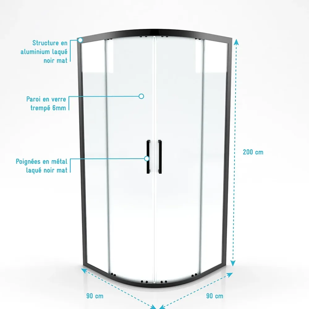 Porte De Douche|Aurlane Paroi porte de douche quart de cercle 90x90x200cm - PROFILE NOIR MAT - verre trempé 6mm