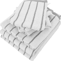 Serviette De Bain|Linnea Parure de bain 7 pièces collection PURE LIGHT motif rayures pur coton gris