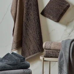 Serviette De Bain|Linnea Parure de bain 7 pièces collection OSAKA motif fleurs pur coton marron