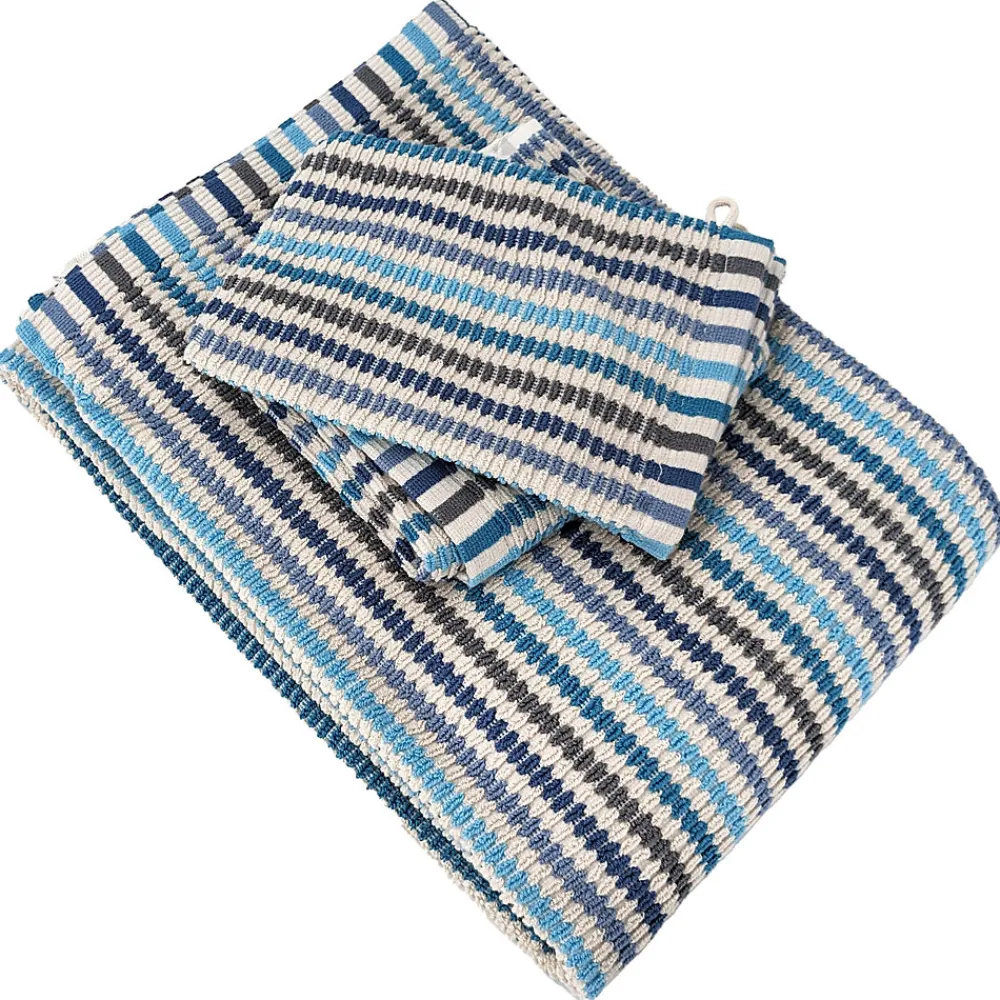 Linnea Parure de bain à rayures pur coton collection BREEZE 4 pièces bleu