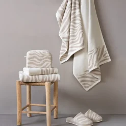 Serviette De Bain|Linnea Parure de bain par 4 ZEBRA SOFT uni bord zèbre beige