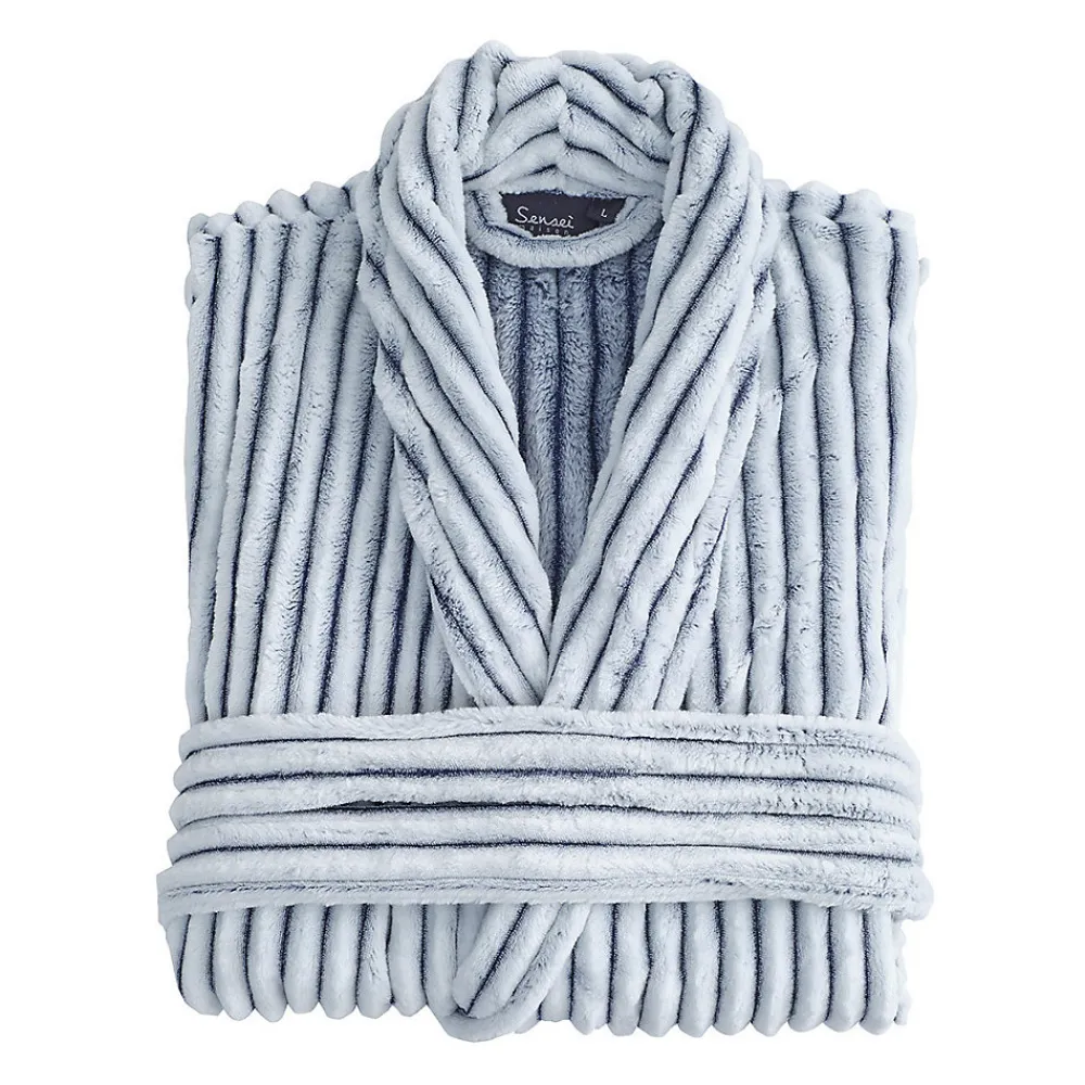 Peignoir De Bain|Sensei Maison Peignoir polaire homme femme côtelé extra doux Blanc/Denim XL KASH