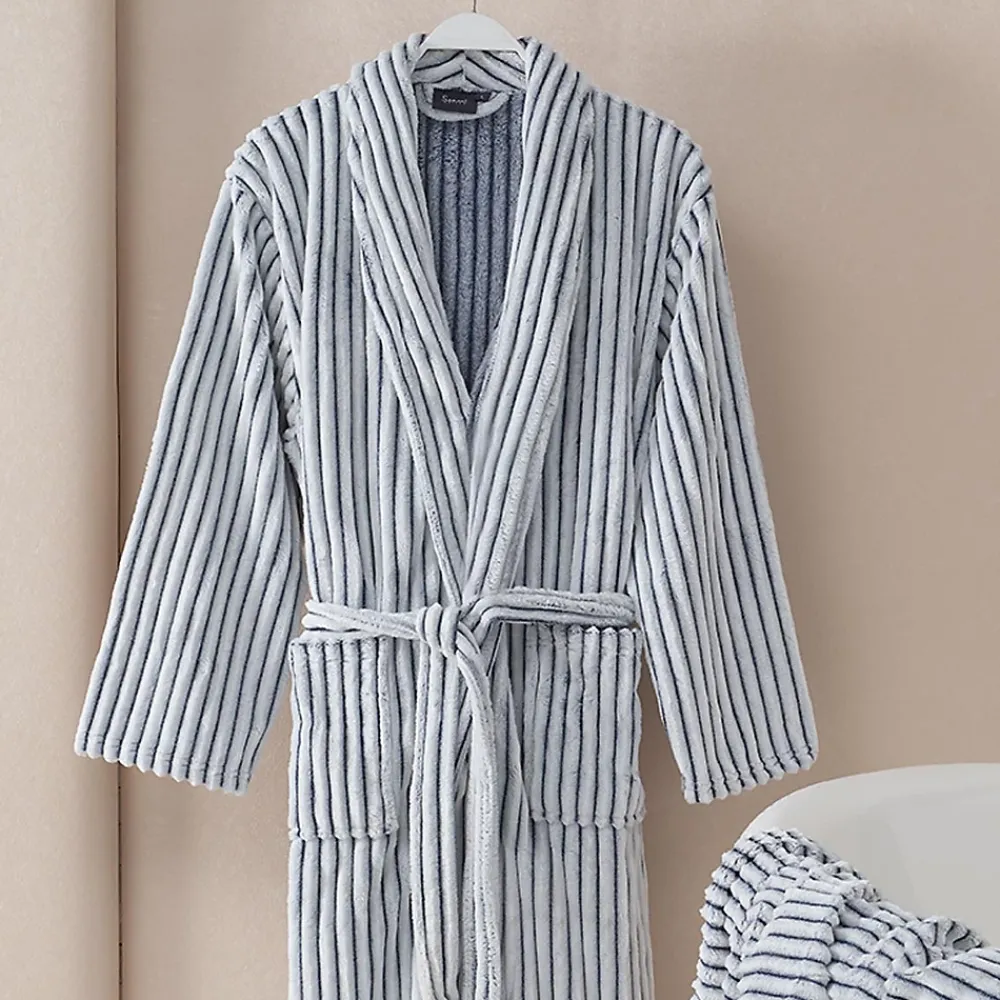 Peignoir De Bain|Sensei Maison Peignoir polaire homme femme côtelé extra doux Blanc/Denim XL KASH