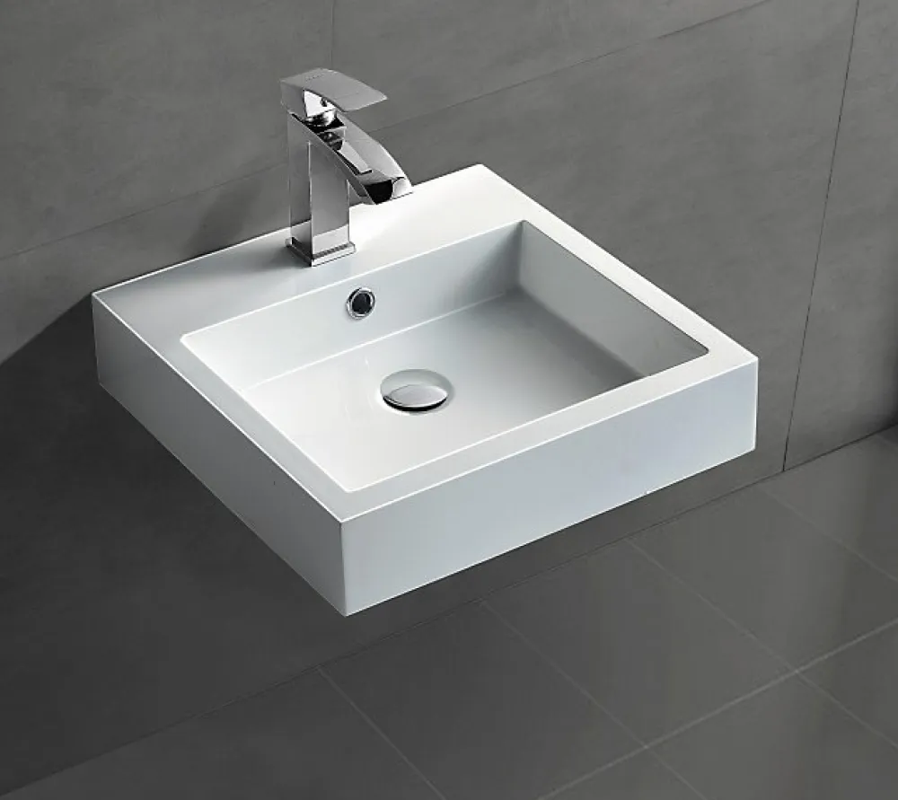 Bernstein Petit Lavabo design mural 45x45x12,5cm, Vasque suspendue en marbre coulé avec bonde Pop-up - Blanc - BS6050