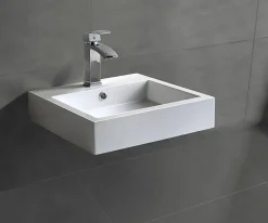 Bernstein Petit Lavabo design mural 45x45x12,5cm, Vasque suspendue en marbre coulé avec bonde Pop-up - Blanc - BS6050