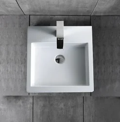 Bernstein Petit Lavabo design mural 45x45x12,5cm, Vasque suspendue en marbre coulé avec bonde Pop-up - Blanc - BS6050