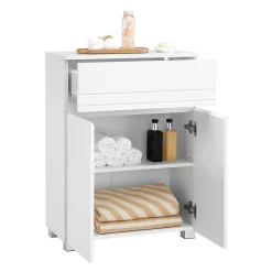 Etagère Salle De Bains|Calicosy Petit meuble de rangement 1 tiroir et 2 portes blanc laqué - H80 cm
