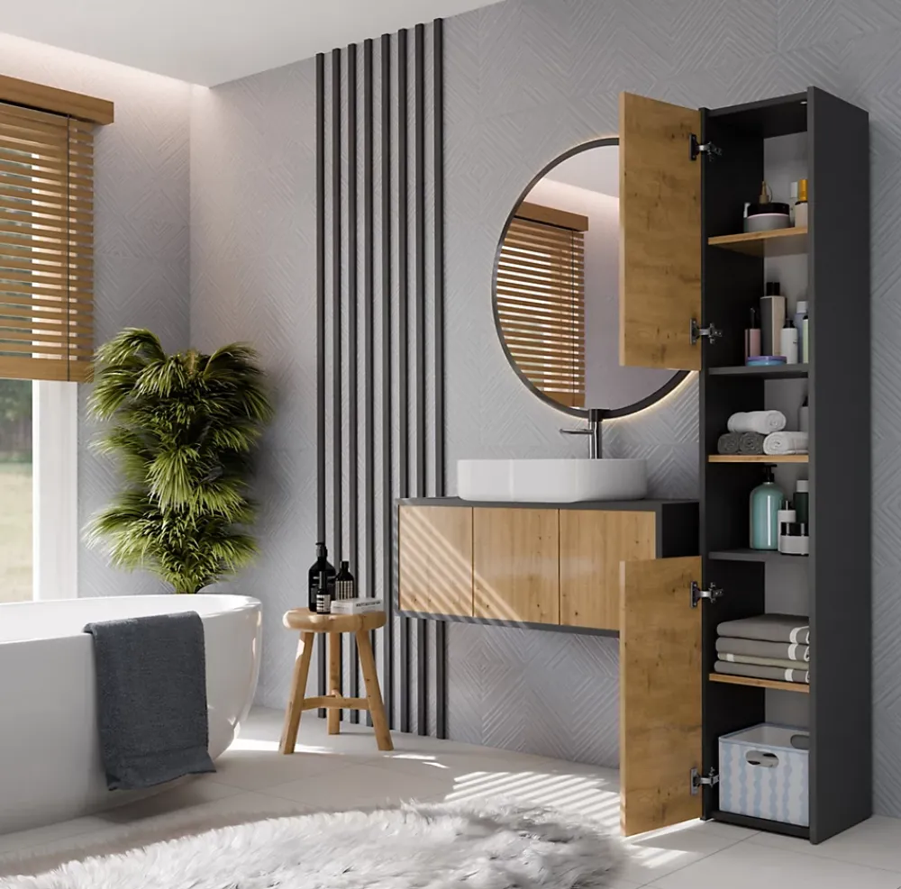 Meuble De Salle De Bains Faible Profondeur|Colonne De Salle De Bains|Topeshop PISA - Armoire de salle de bains - 170x30x30 cm - Colonne de rangement SDB - Aspect bois