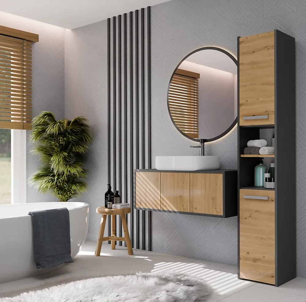 Meuble De Salle De Bains Faible Profondeur|Colonne De Salle De Bains|Topeshop PISA - Armoire de salle de bains - 170x30x30 cm - Colonne de rangement SDB - Aspect bois