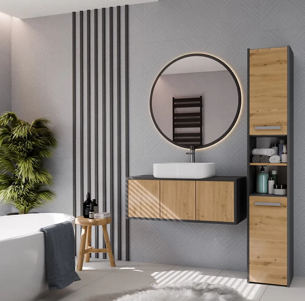 Meuble De Salle De Bains Faible Profondeur|Colonne De Salle De Bains|Topeshop PISA - Armoire de salle de bains - 170x30x30 cm - Colonne de rangement SDB - Aspect bois
