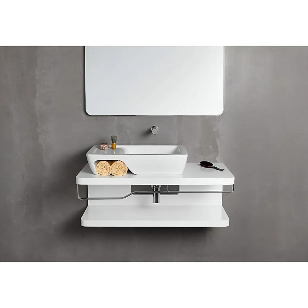 Plan Simple Vasque|Sanindusa Plan de toilette à 2 niveaux pré-percé pour vasque poser HI-dden 100 blanc (vasque et porte serviette non inclus)
