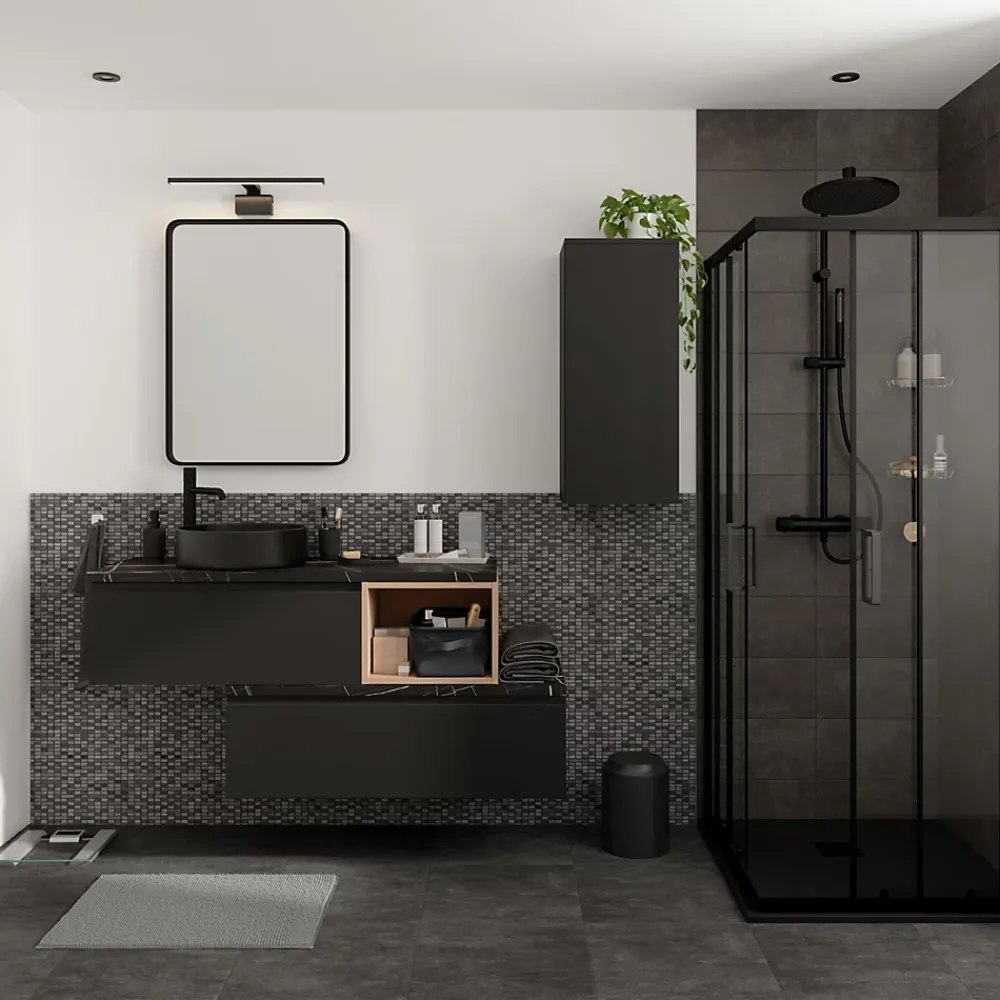 Plan De Travail Buanderie|Plan De Travail Salle De Bains|GoodHome Plan de toilette L.120 x l.45 x ép.2 cm effet marbre noir Cadélia