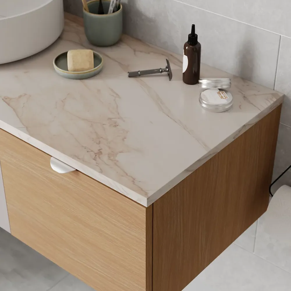Plan De Travail Buanderie|Plan De Travail Salle De Bains|GoodHome Plan de toilette L.100 x l.45 x ép.2 cm effet marbre beige Cadélia
