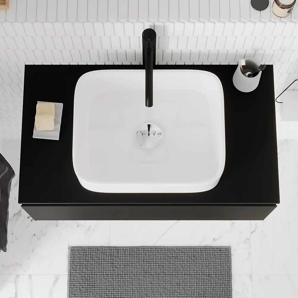 Plan De Travail Buanderie|Plan De Travail Salle De Bains|GoodHome Plan de toilette L.80 x l.45 x ép.18 cm noir mat Kentia
