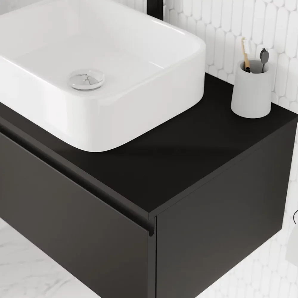 Plan De Travail Buanderie|Plan De Travail Salle De Bains|GoodHome Plan de toilette L.80 x l.45 x ép.18 cm noir mat Kentia