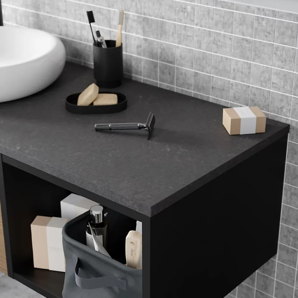 Plan De Travail Buanderie|Plan De Travail Salle De Bains|GoodHome Plan de toilette L.100 x l.45 x ép.2 cm, effet pierre noire, Cadélia