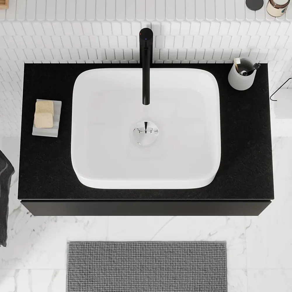 GoodHome Plan de toilette L.80 x l.45 x ép.2 cm, effet pierre noire, Cadélia