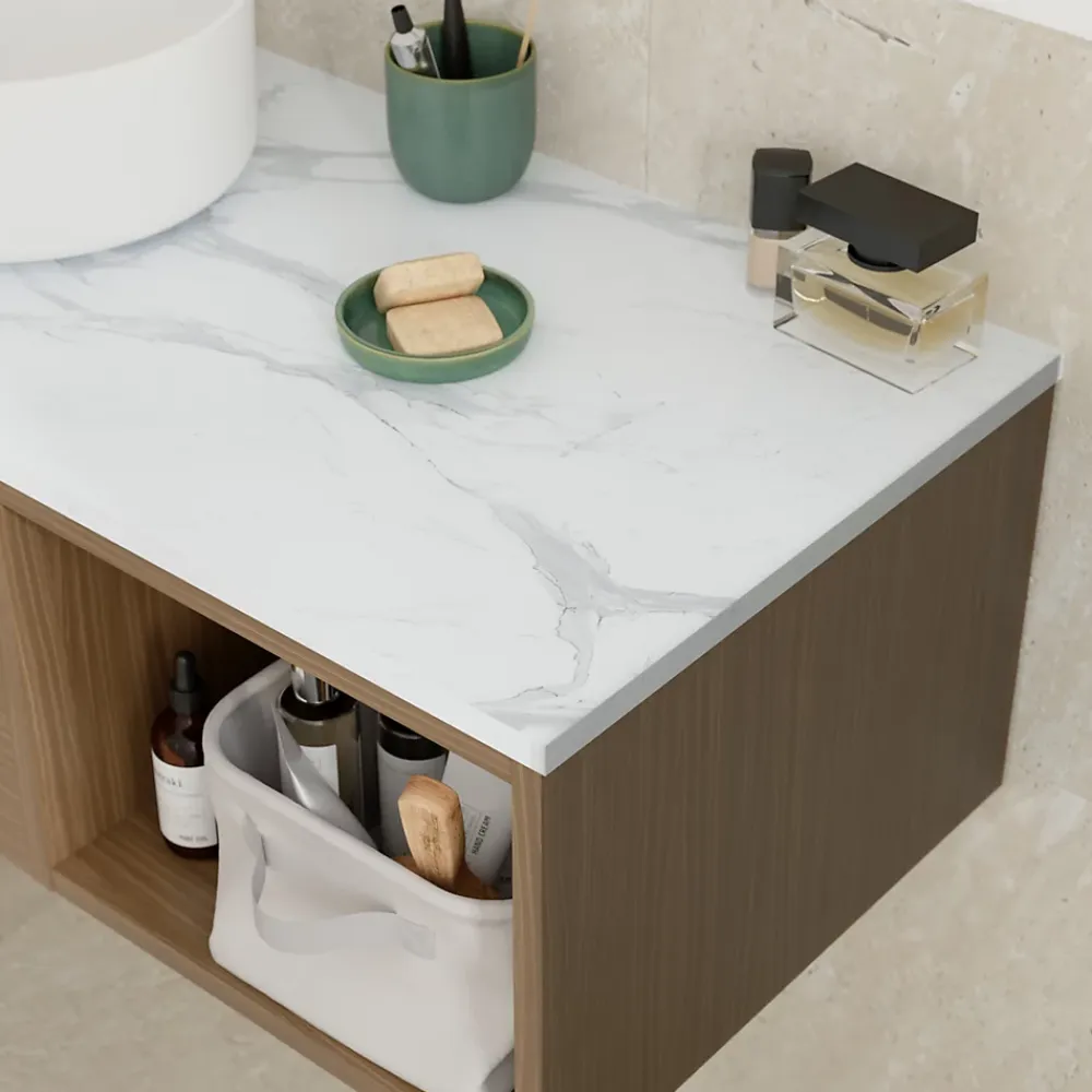 Plan De Travail Buanderie|Plan De Travail Salle De Bains|GoodHome Plan de toilette L.140 x l.45 x ép.2 cm effet marbre blanc Cadélia