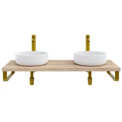 Plan De Travail Salle De Bains|T-Bath Plan de toilette 121x49x3 cm hydrofuge placage orme naturel avec supports or
