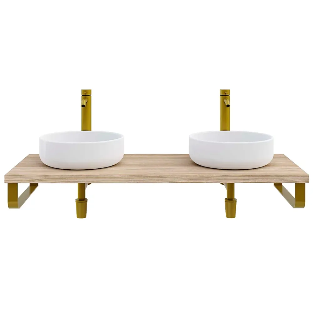 Plan De Travail Salle De Bains|T-Bath Plan de toilette 121x49x3 cm hydrofuge placage orme naturel avec supports or