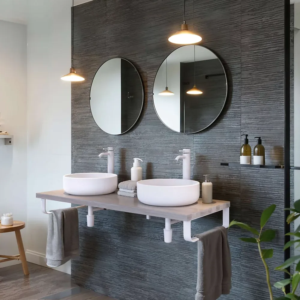 Plan De Travail Salle De Bains|T-Bath Plan de toilette 121x49x3 cm hydrofuge placage frêne naturel avec supports blancs