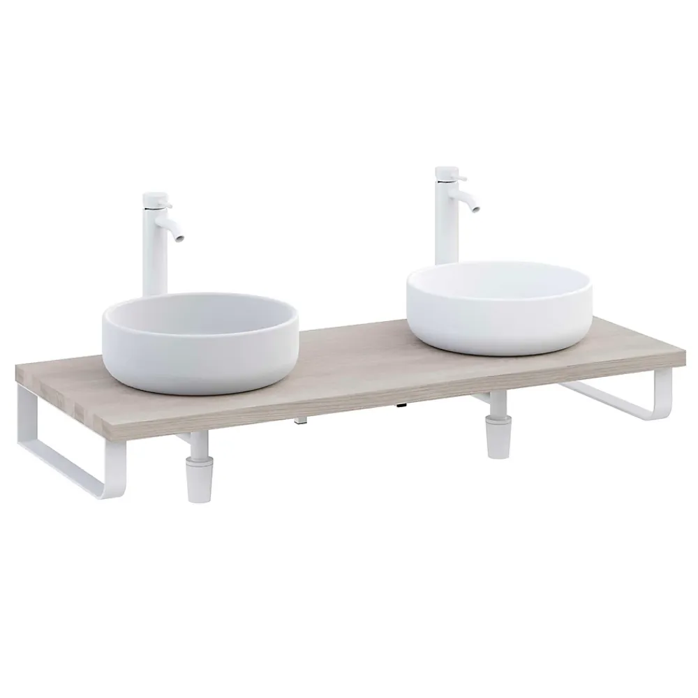 Plan De Travail Salle De Bains|T-Bath Plan de toilette 121x49x3 cm hydrofuge placage frêne naturel avec supports blancs