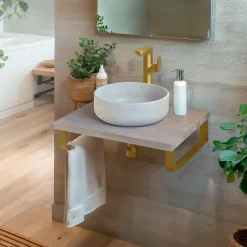 Plan De Travail Salle De Bains|T-Bath Plan de toilette 61x49x3 cm hydrofuge placage frêne naturel avec supports or