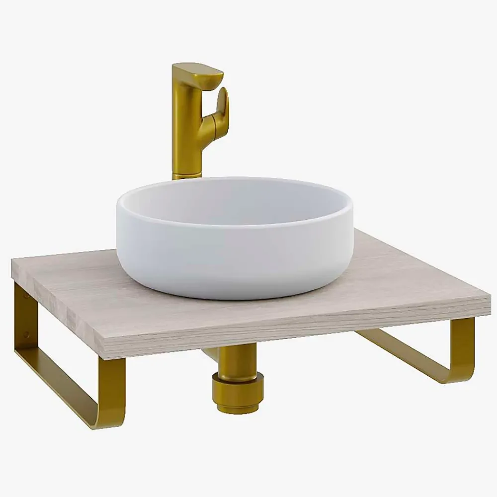 Plan De Travail Salle De Bains|T-Bath Plan de toilette 61x49x3 cm hydrofuge placage frêne naturel avec supports or
