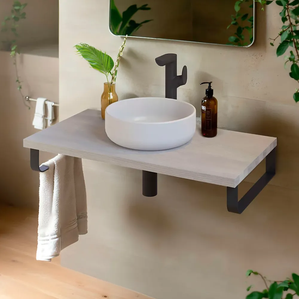 T-Bath Plan de toilette 91x49x3 cm hydrofuge placage frêne naturel avec supports noirs