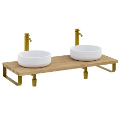 Plan De Travail Salle De Bains|T-Bath Plan de toilette 121x49x3 cm hydrofuge placage chêne naturel avec supports or