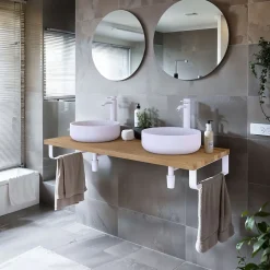 Plan De Travail Salle De Bains|T-Bath Plan de toilette 121x49x3 cm hydrofuge placage chêne naturel avec supports blancs