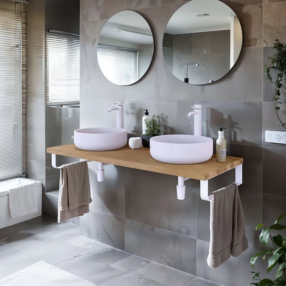 Plan De Travail Salle De Bains|T-Bath Plan de toilette 121x49x3 cm hydrofuge placage chêne naturel avec supports blancs