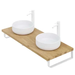 Plan De Travail Salle De Bains|T-Bath Plan de toilette 121x49x3 cm hydrofuge placage chêne naturel avec supports blancs
