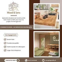 Wood&Sens Plan de travail bois massif Bambou Naturel lamellé collé L.250 x P.65 cm, Ep.26 mm