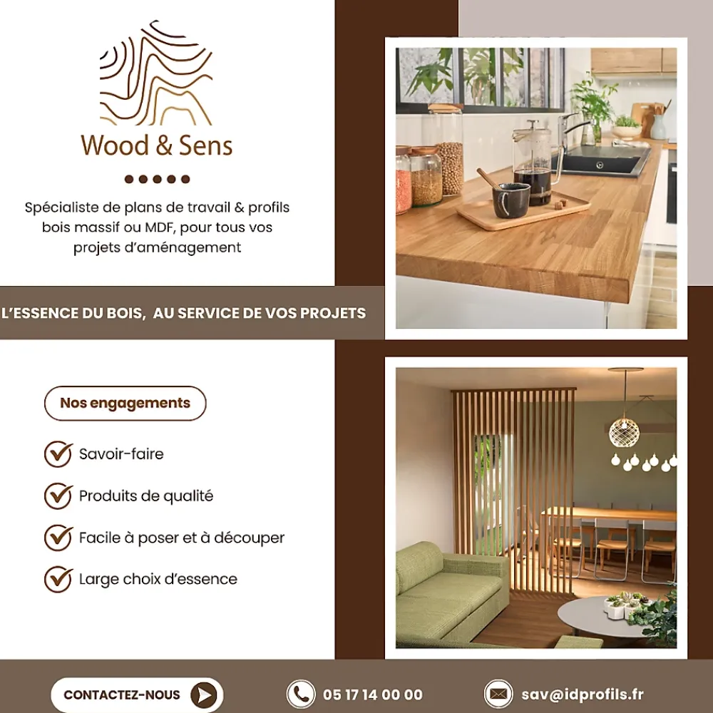 Wood&Sens Plan de travail Hêtre massif bord naturel L.250 x l.65 cm, Ep.36 mm