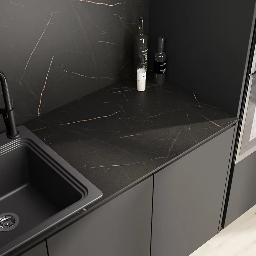 Plan De Travail Buanderie|GoodHome Plan de travail réversible compact 1 face aspect marbre noir / 1 face noir mat Nepeta L.300 x l.62 x Ép.1,2 cm