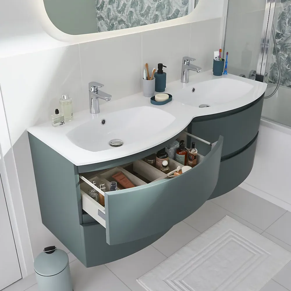 Plan double vasque en résine blanc Vague 138 cm
