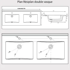 Plan Double Vasque|Cuisibane Plan double vasque en résine de synthèse RESIPLAN - 120 cm
