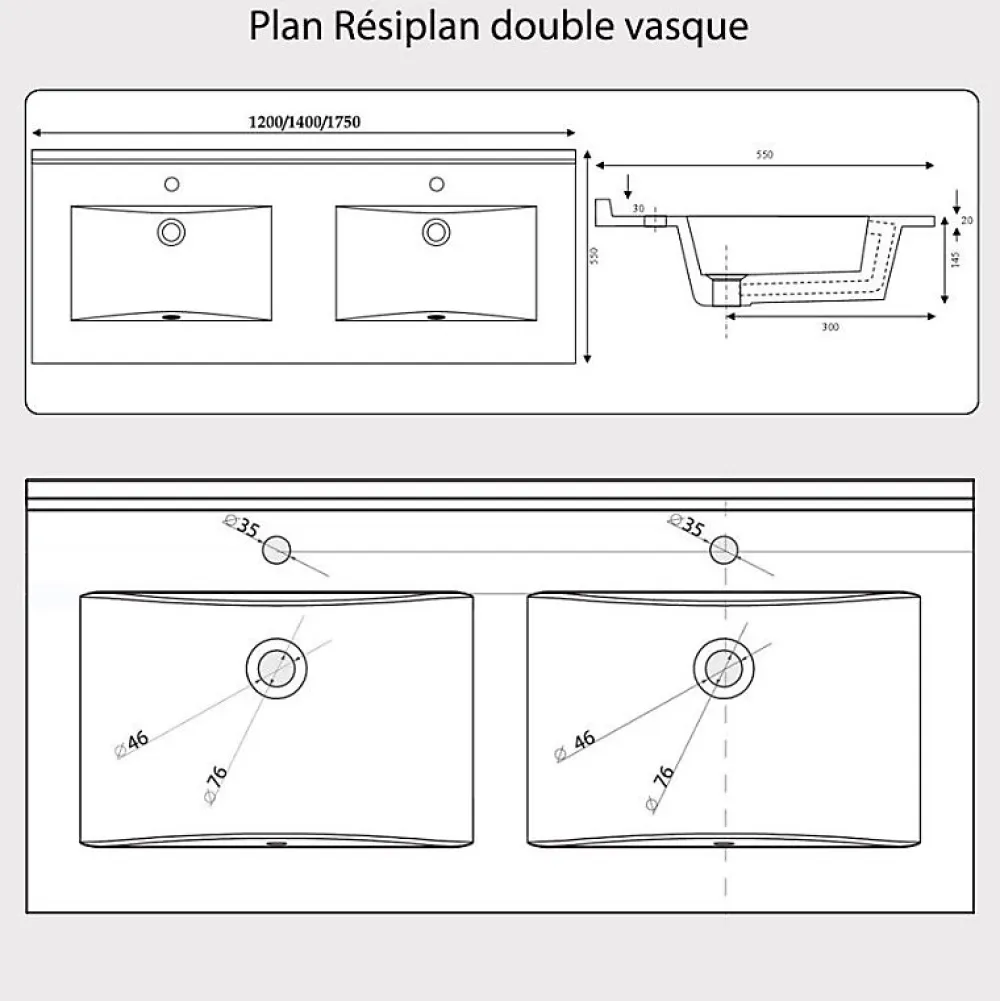Cuisibane Plan double vasque en résine de synthèse RESIPLAN - 140 cm