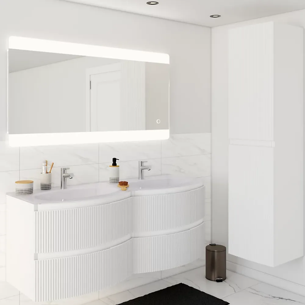 Plan double vasque en verre blanc 138 cm Vague